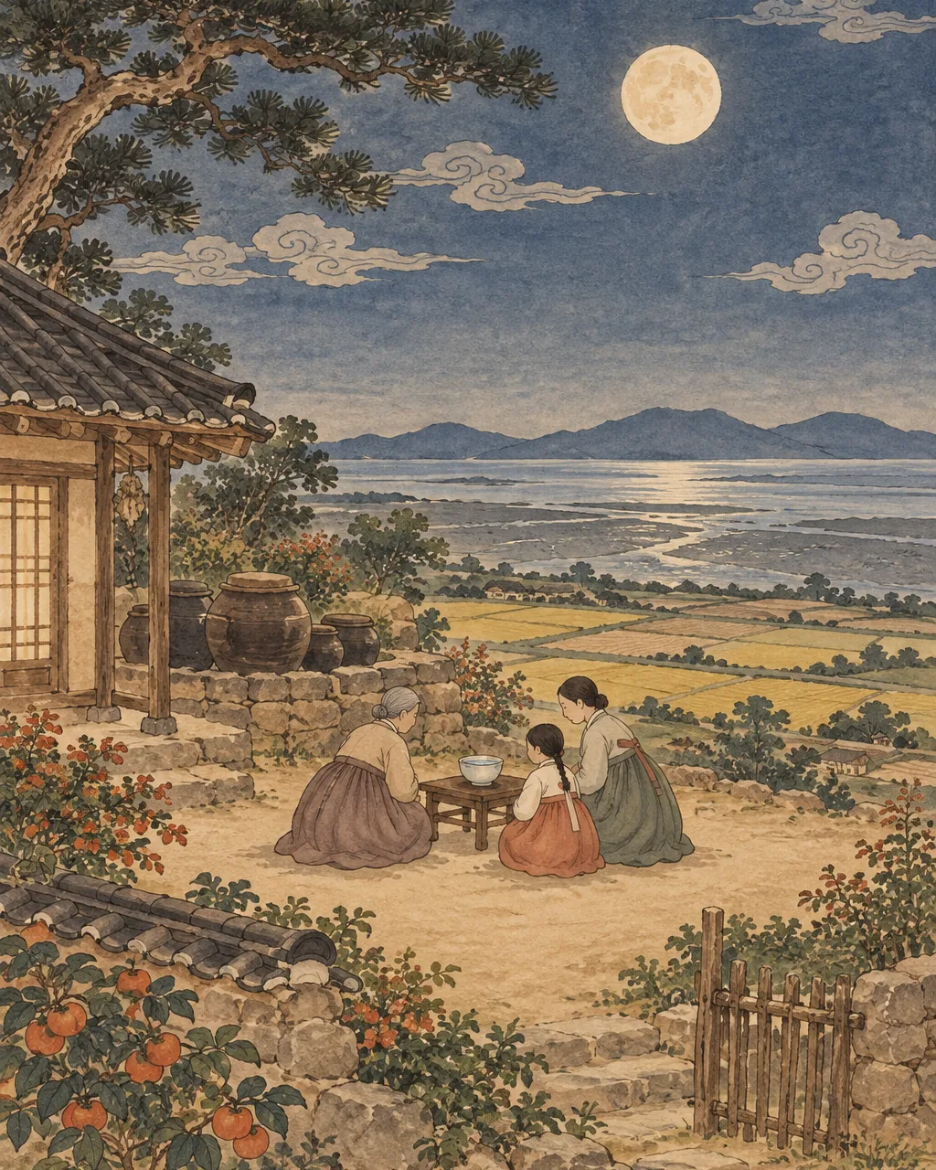 달밤에 바다가 보이는 한옥 마당에서 물 한 그릇 앞에 앉은 할머니, 어머니, 딸을 그린 전래동화풍 그림